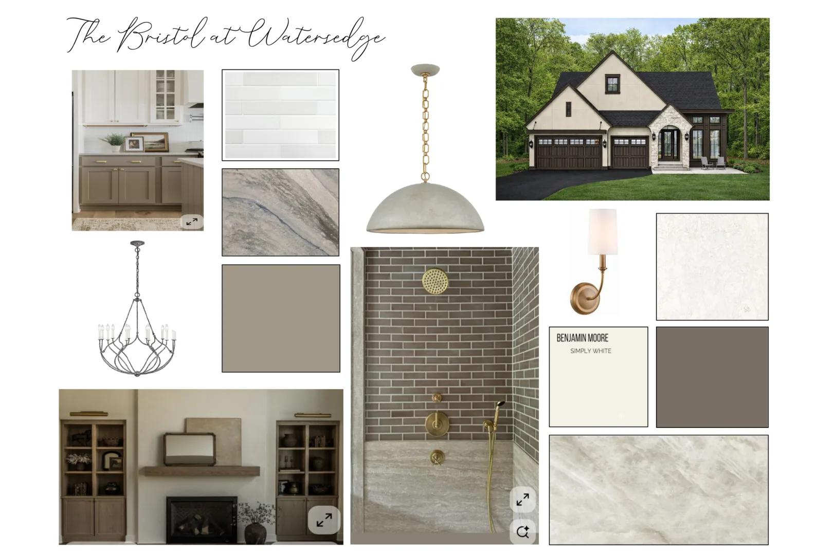 Mood board for the Bristol model at Watersedge in Cottage Grove Minnesota. Tile, paint, lighting and stone selections for the home.